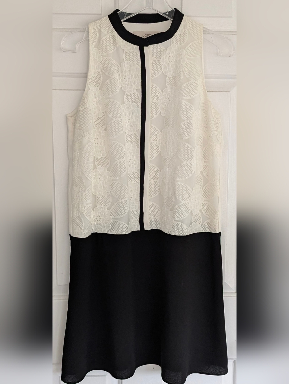 LOFT Black and Ivory Sleeveless Eyelet Midi Shift Dress